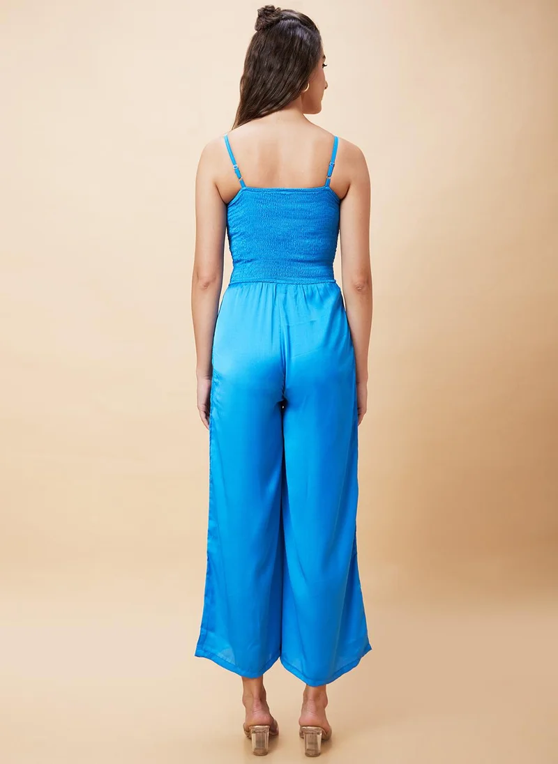 globus Blue Globus Women Blue Shoulder Strap Smocked Basic Jumpsuit for Women | Best Price UAE